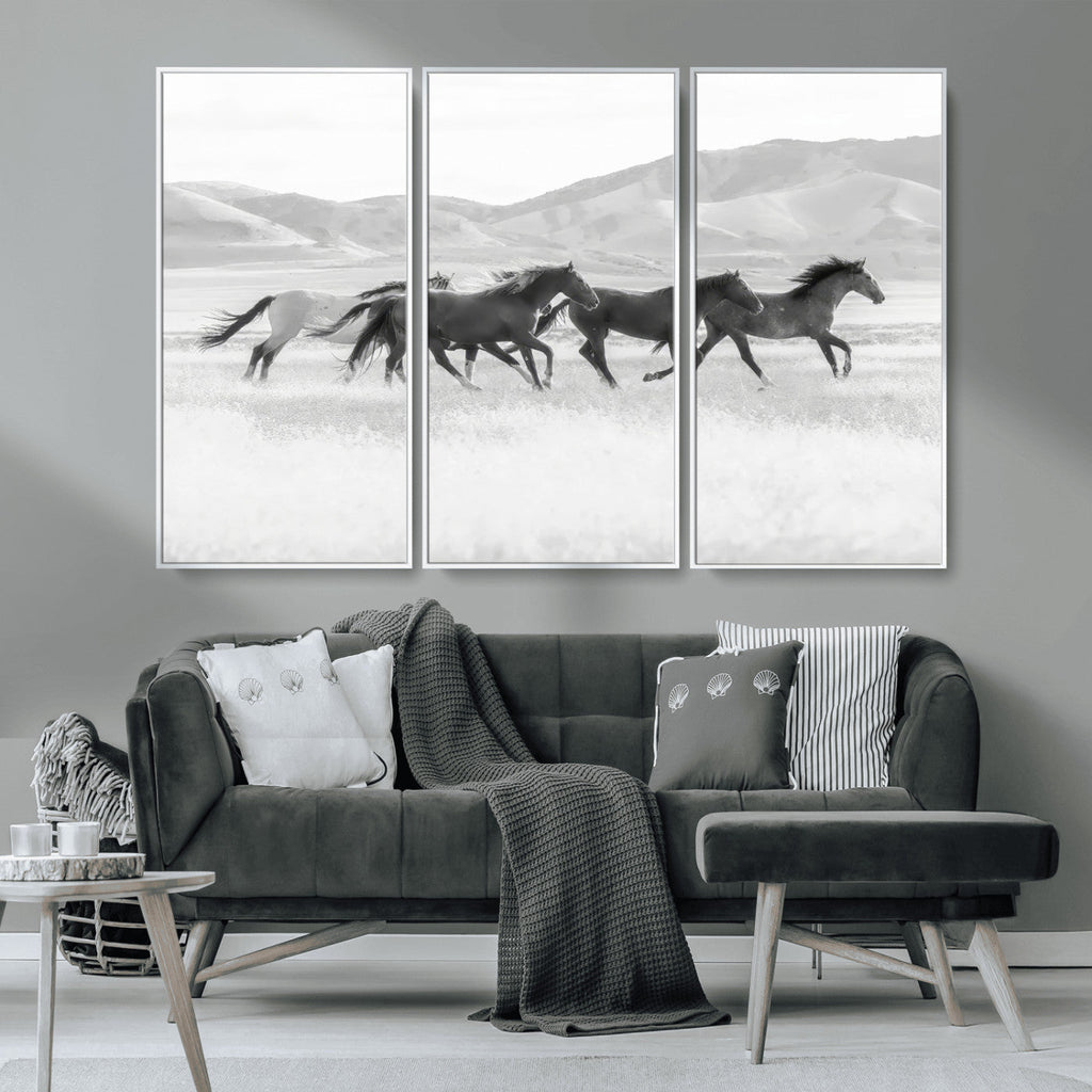 Wild Horses Running Wall Art Canvas Print, Framed Black White Mustangs Artwork