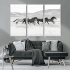 Wild Horses Running Wall Art Canvas Print, Framed Black White Mustangs Artwork