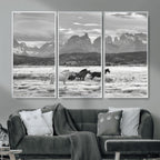 Wild Horses Wall Art | Framed Black White Mountain Canvas