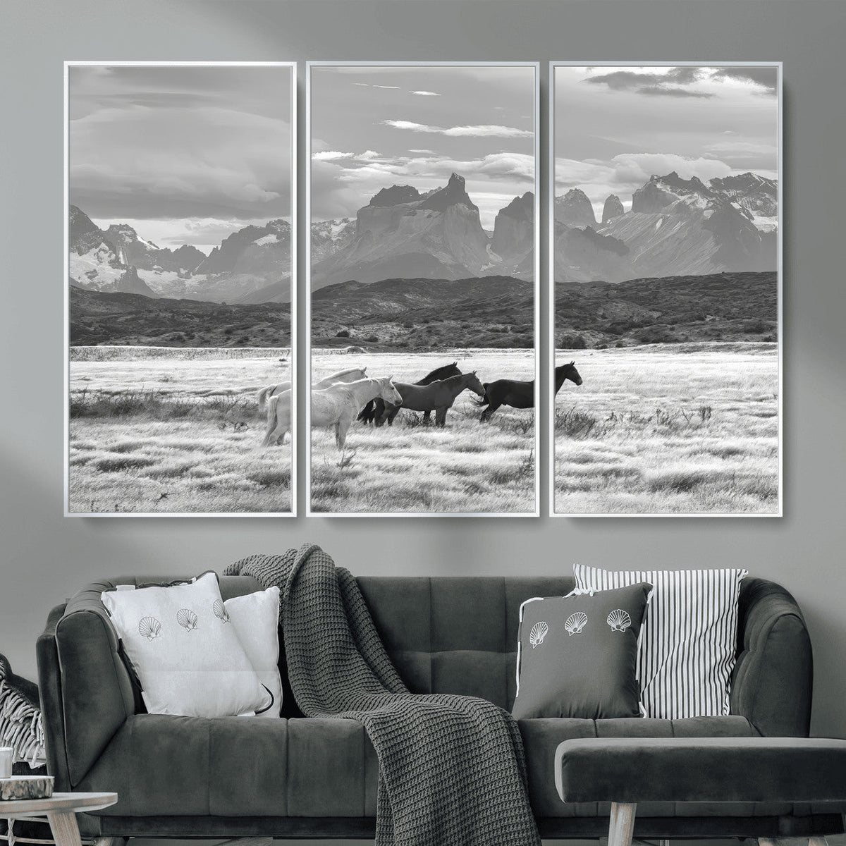 Wild Horses Wall Art | Framed Black White Mountain Canvas