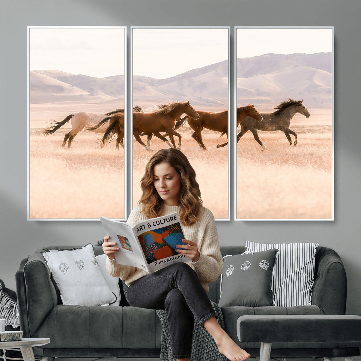 Wild Horse Wall Art Canvas Print, Framed Rustic Western Art, Desert Horse Scene