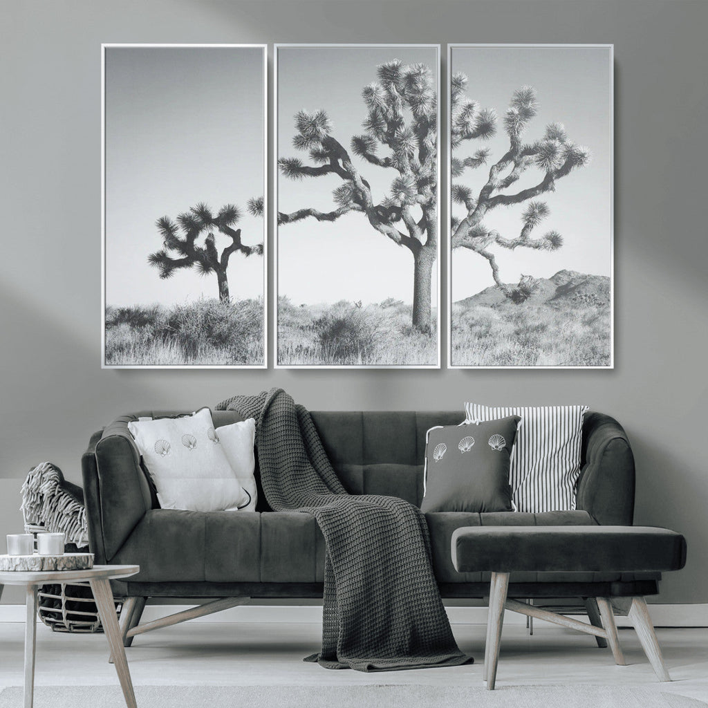 Joshua Tree Wall Art Canvas Print, Framed Black and White Desert Landscape Artwork