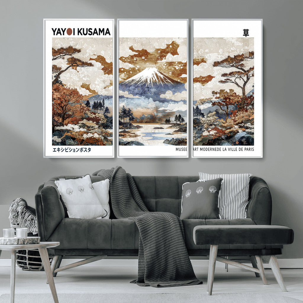 Modern Japanese Wall Art Canvas Print, Framed Abstract Mount Fuji Landscape, Yayoi Kusama Canvas Wall Art