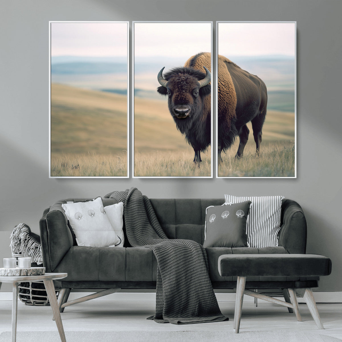 Bison Wall Art Canvas Print, Framed American Buffalo Rustic Western Artwork