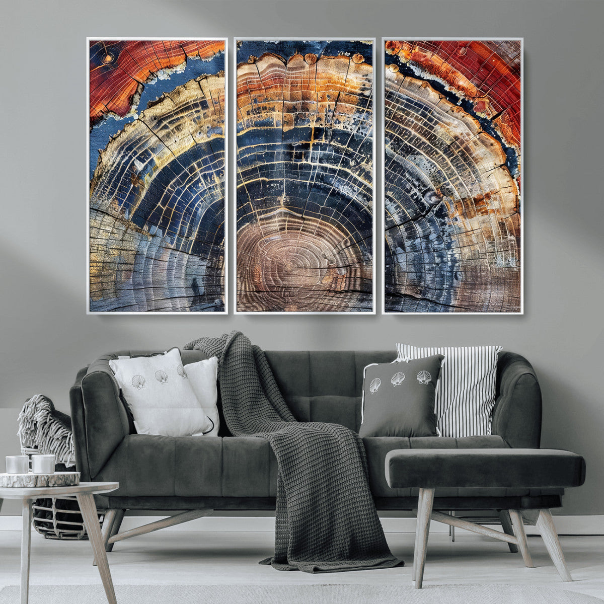 Tree Rings Wall Art Canvas Print, Framed Petrified Wood Modern Rustic