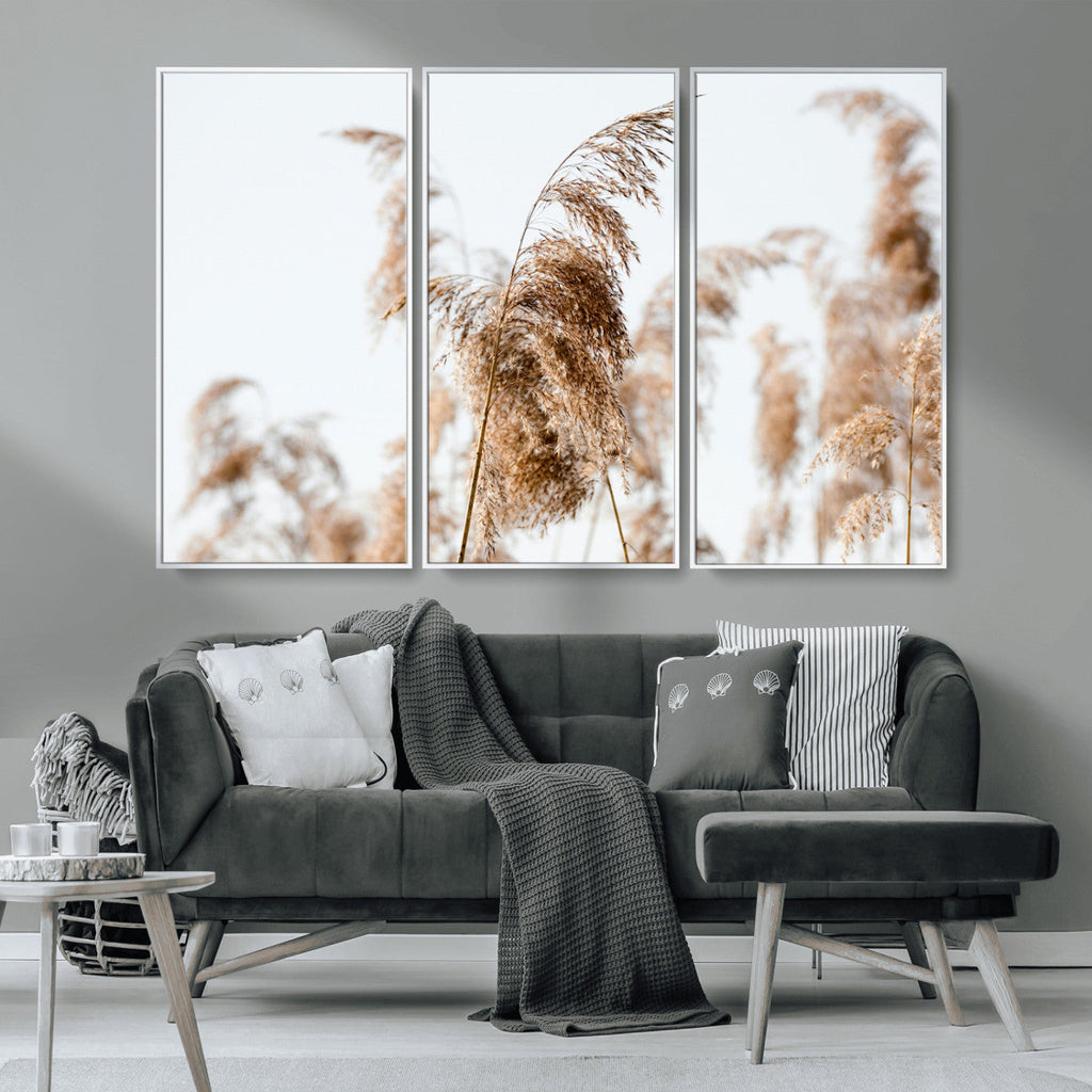 Pampas Grass Wall Art Canvas Print, Framed Neutral Tones Minimalist Boho