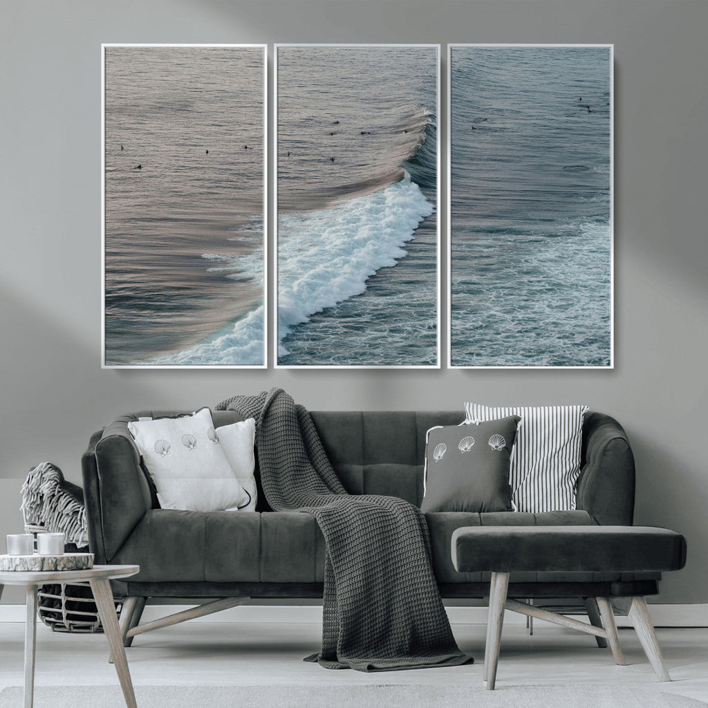 Ocean Waves Wall Art Canvas Print, Framed Coastal Serenity Surf Scene