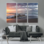 Golden Hour Wall Art Canvas Print, Framed Tranquil Waves Beach Sunset