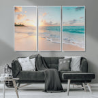Beach Sunset Wall Art Canvas Print, Framed Ocean Waves Summer Escape