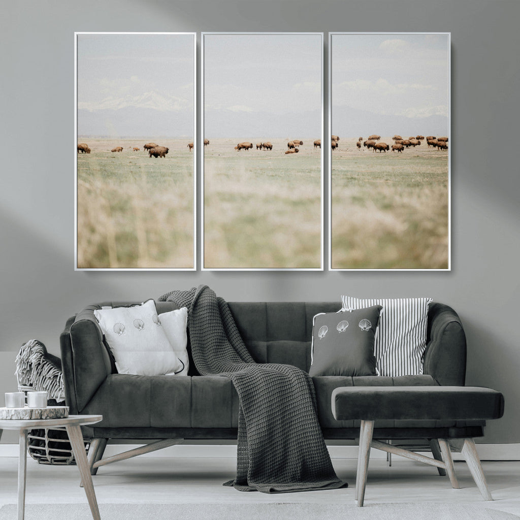 Bison Herd Wall Art Canvas Print, Framed Western Ranch Nature Scene