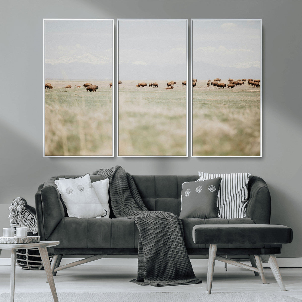 Bison Herd Wall Art Canvas Print, Framed Western Ranch Nature Scene