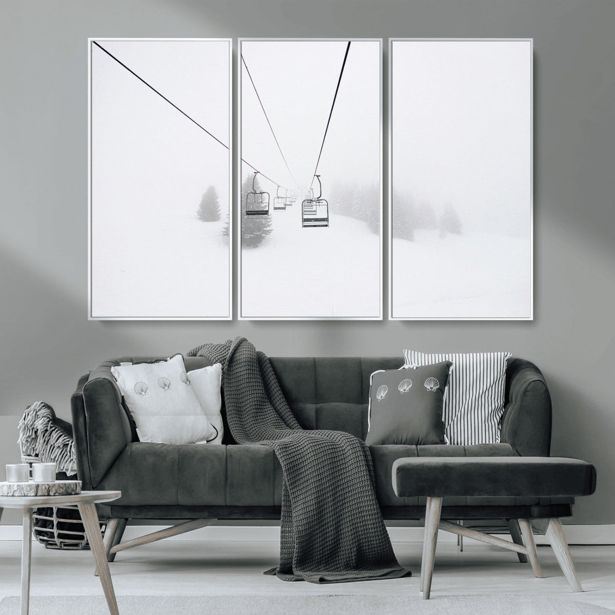 Ski Lift Wall Art Canvas Print, Framed Snowy Landscape Art, Alpine Adventure Nordic Minimalist Decor