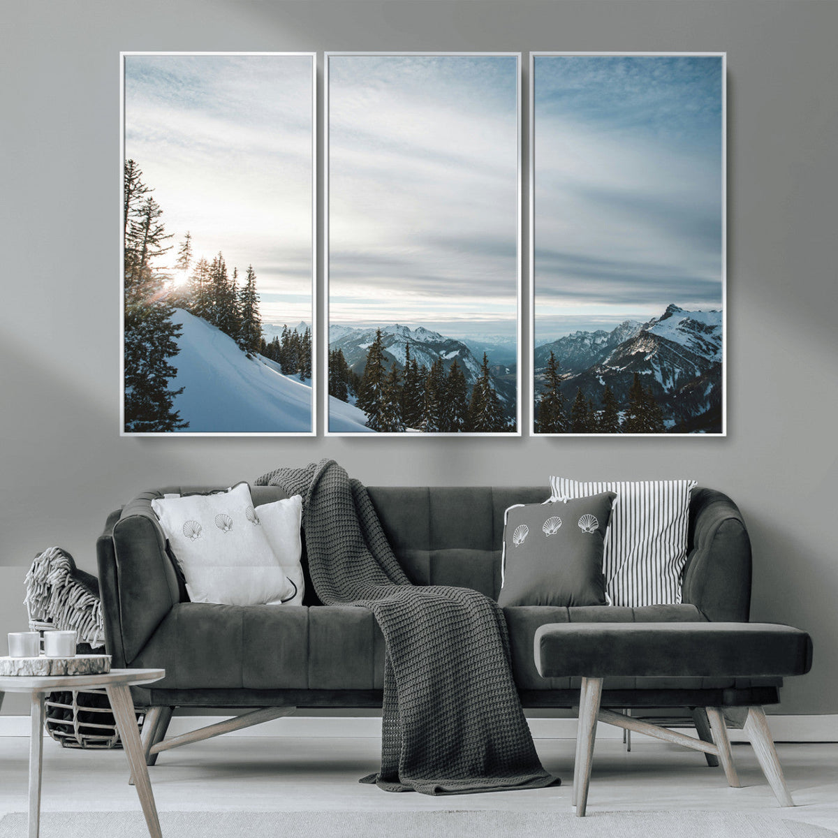 Snowy Mountains Wall Art Canvas Print, Framed Alpine Landscape Frosty Peaks Artwork