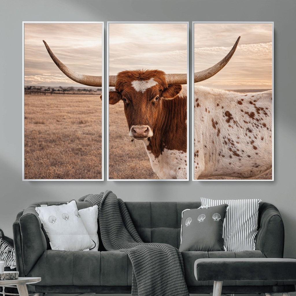 Texas Longhorn Cow Canvas Wall Art, Majestic Bull on a Rustic Western Farm