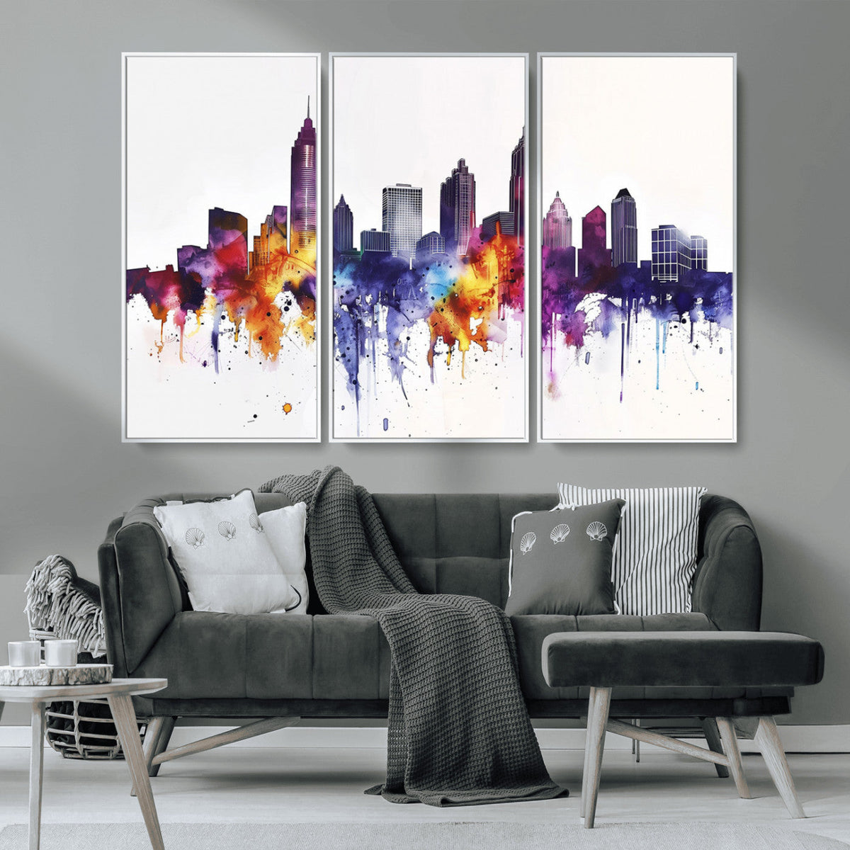 Atlanta Skyline Wall Art Canvas Print, Framed Colorful Watercolor Cityscape
