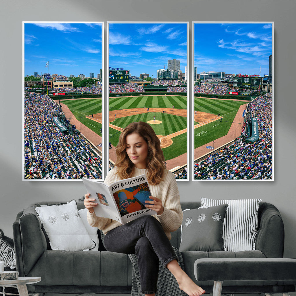 Wrigley Field Baseball Stadium Canvas Wall Art, Packed Crowd and Chicago Skyline