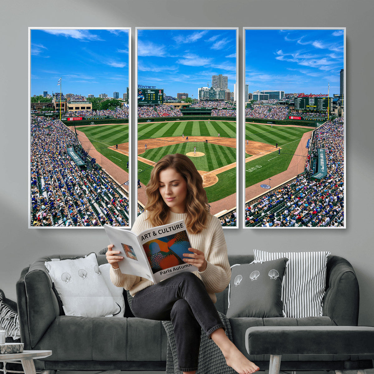 Wrigley Field Baseball Stadium Canvas Wall Art, Packed Crowd and Chicago Skyline