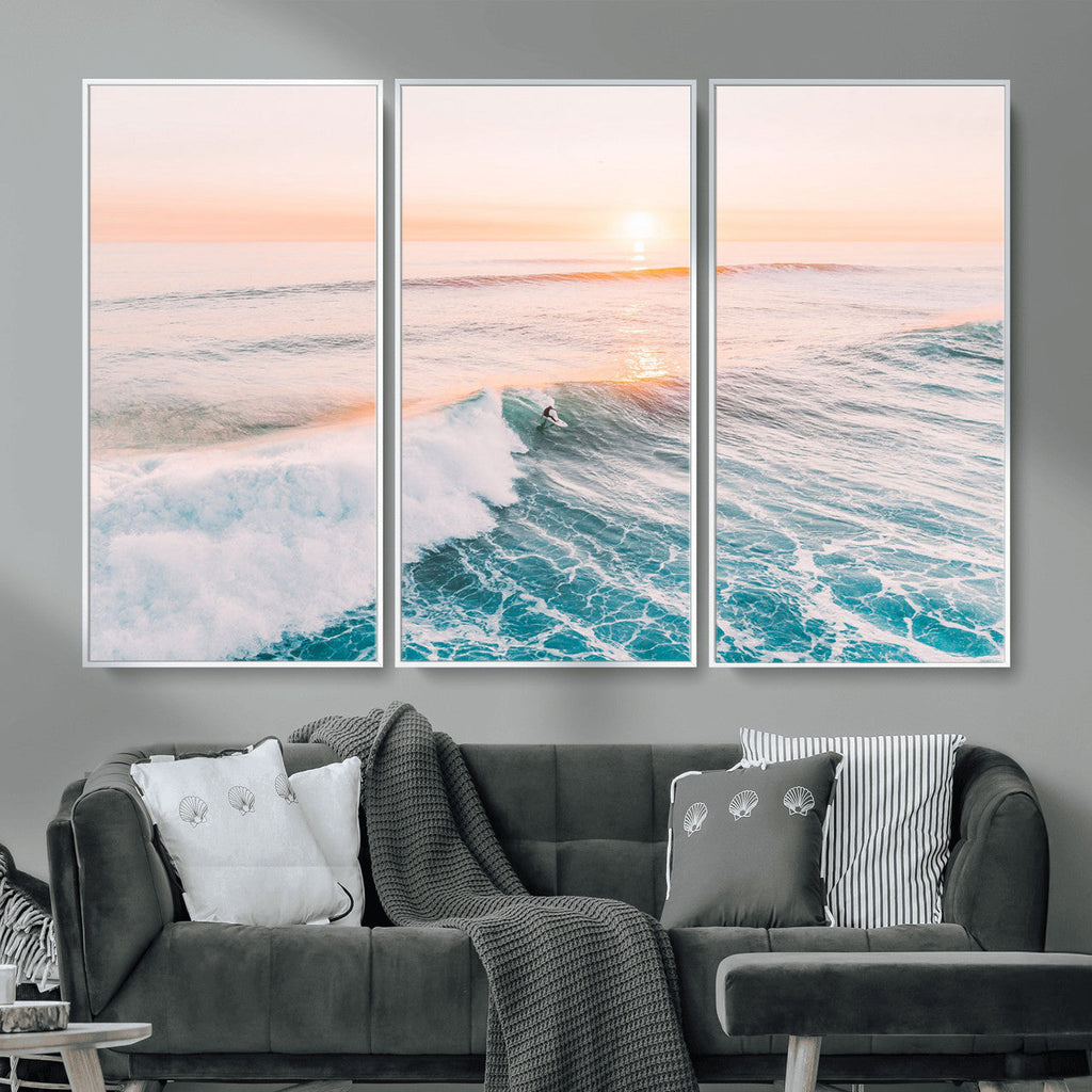 Sunset Surfing Wall Art Canvas Print, Ocean Wave Surfer with Golden Sky