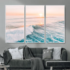 Sunset Surfing Wall Art Canvas Print, Ocean Wave Surfer with Golden Sky