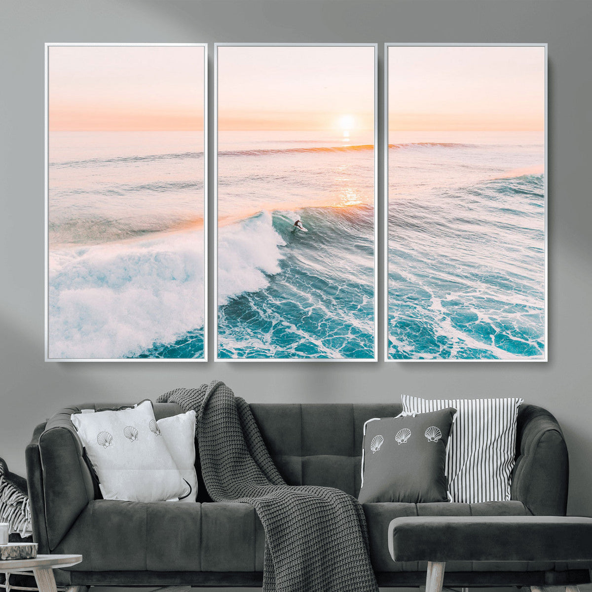 Sunset Surfing Wall Art Canvas Print, Ocean Wave Surfer with Golden Sky