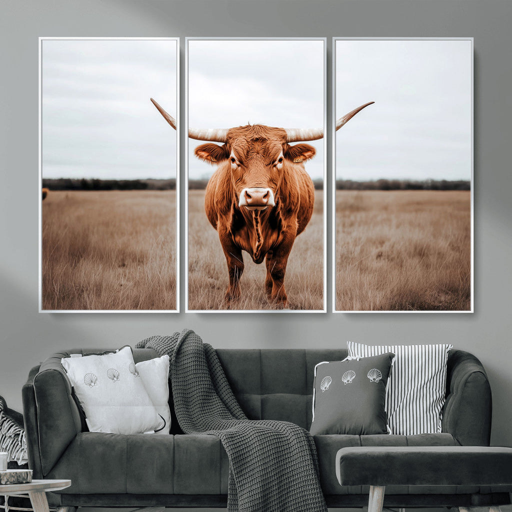 Longhorn Bull Wall Art Canvas Print, Framed Rustic Decor
