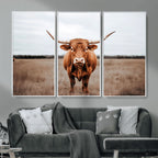 Longhorn Bull Wall Art Canvas Print, Framed Rustic Decor