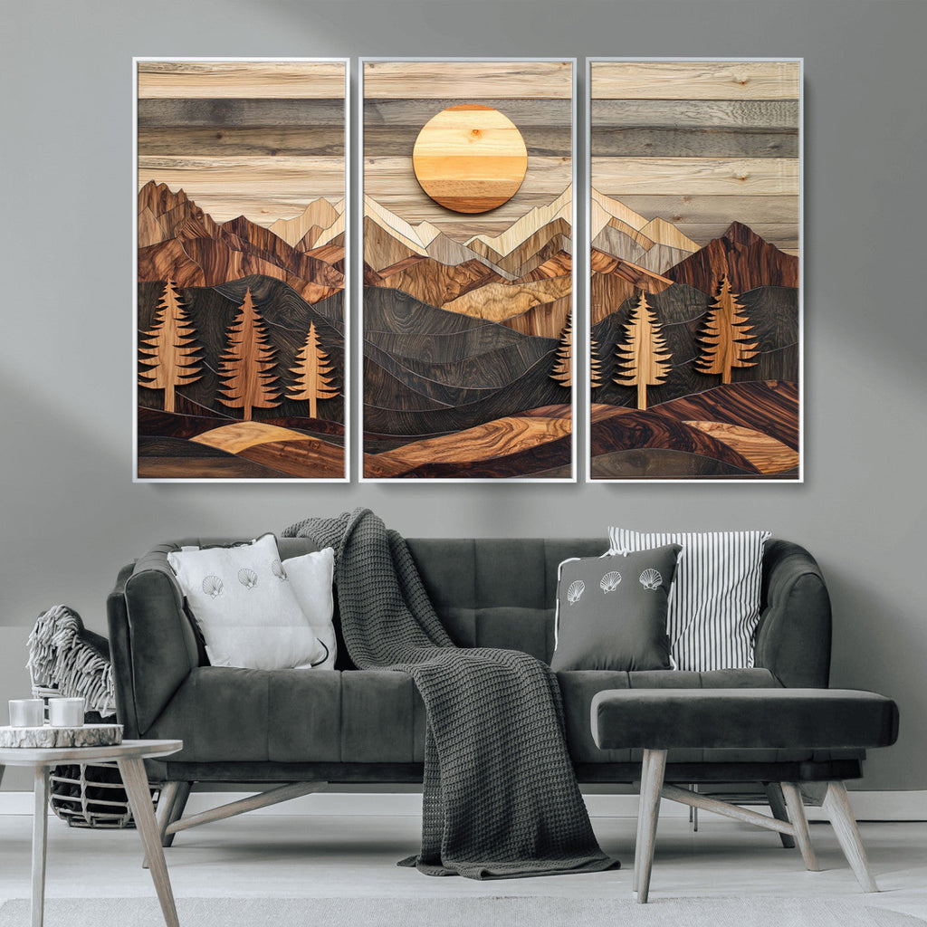 Wooden Mountain Layers Art | Rustic Pine Tree Landscape