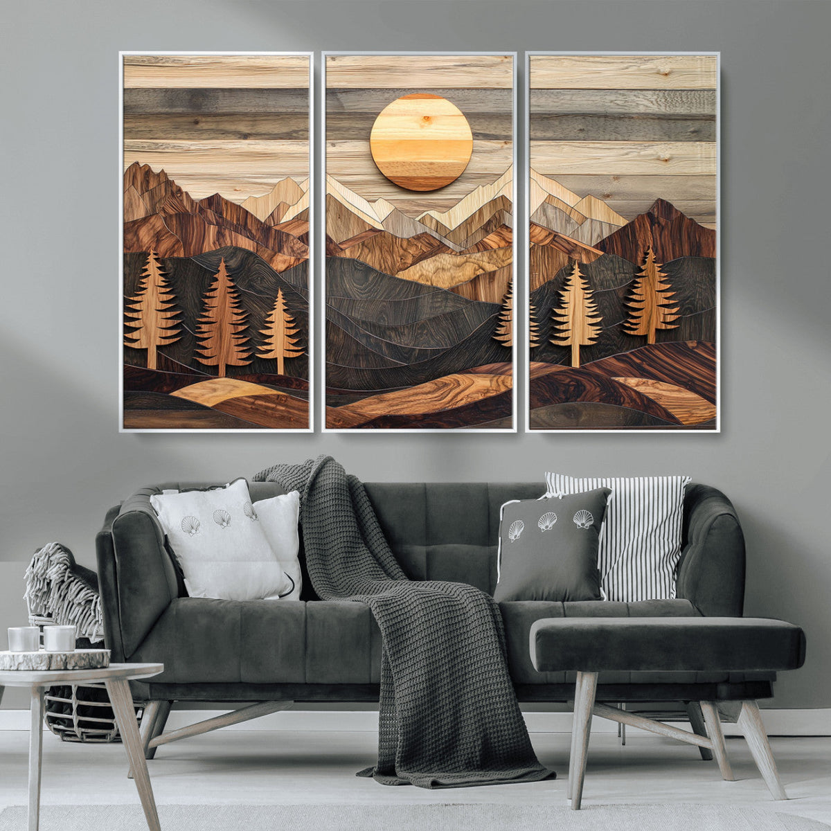 Wooden Mountain Layers Art | Rustic Pine Tree Landscape