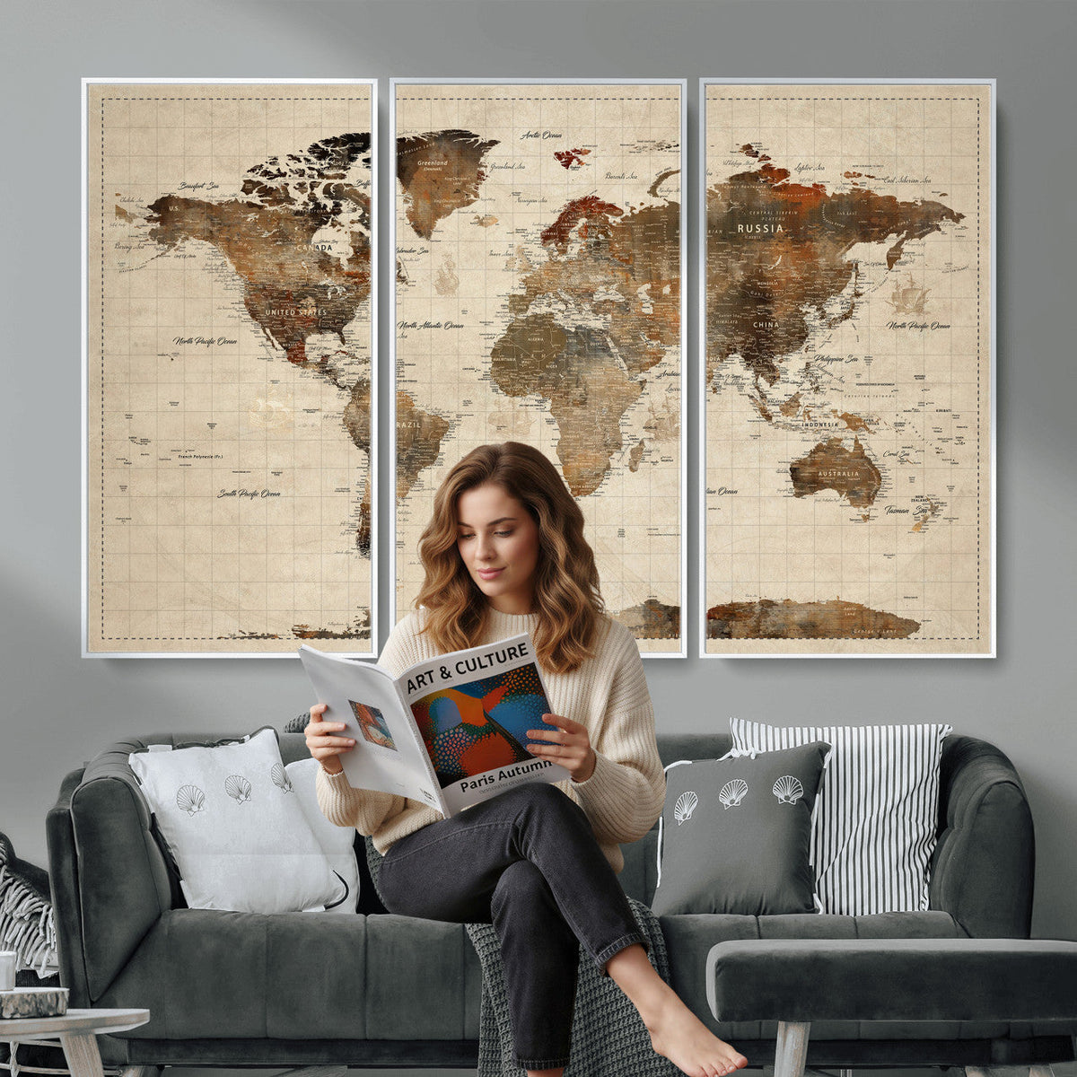 Vibrant Earth Tone World Map Canvas Print | Framed Detailed Map of the World