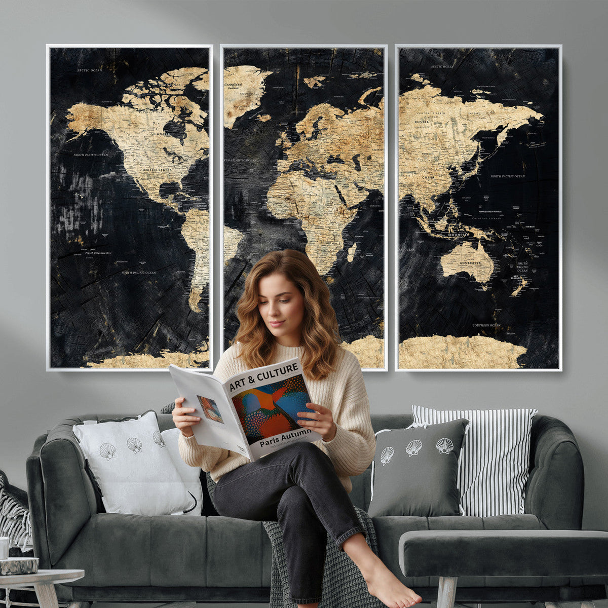 Framed Large World Map Wall Art Canvas Print for Living Room