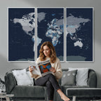 Blue Detailed World Map Wall Art Canvas Print | Modern Framed Map