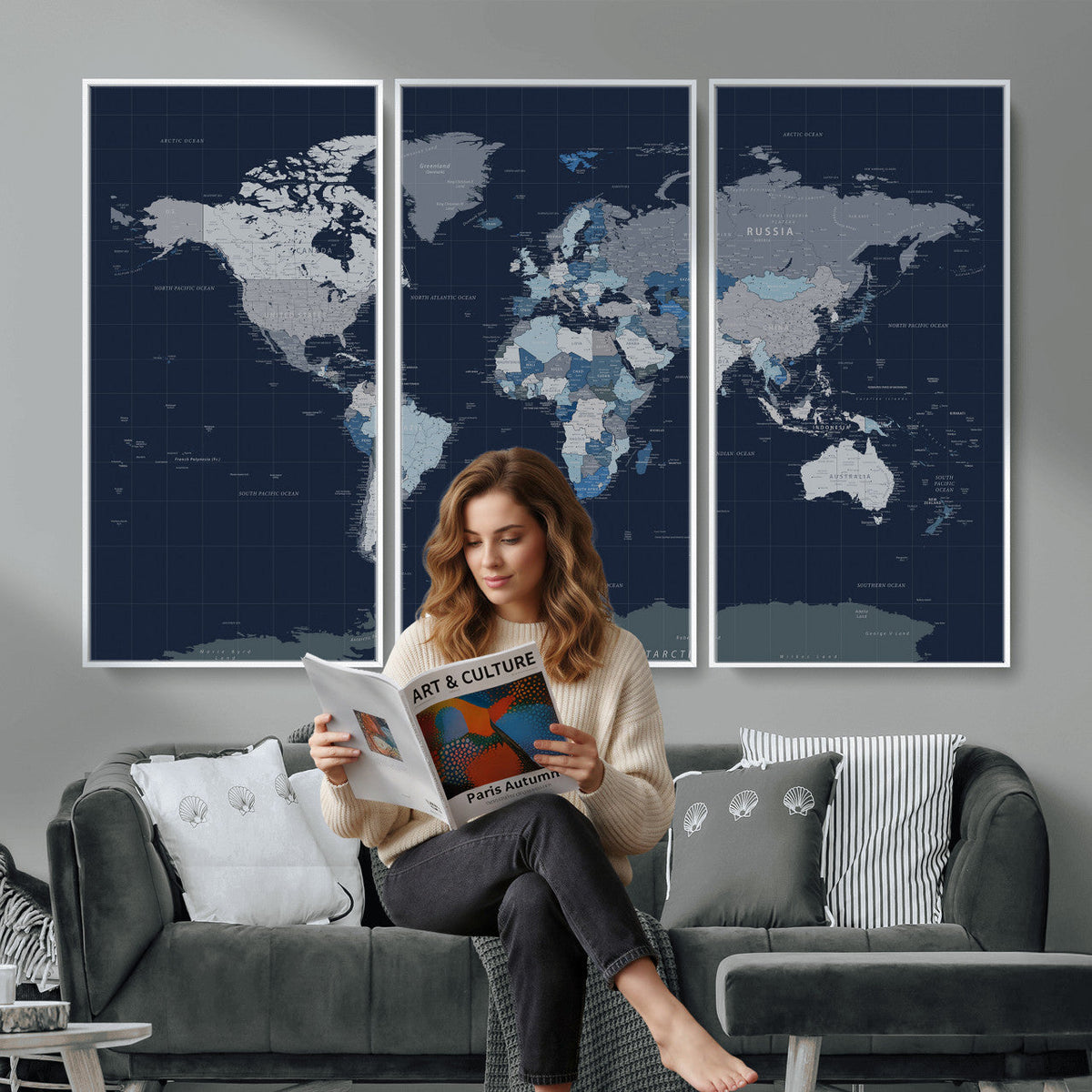 Blue Detailed World Map Wall Art Canvas Print | Modern Framed Map