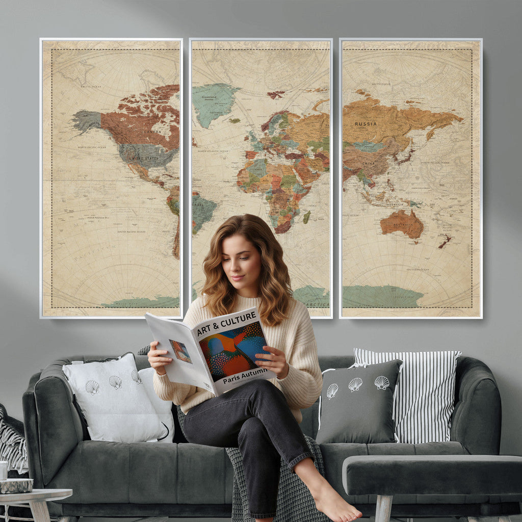 Vintage World Map Canvas Wall Art Print | Framed Modern World Map