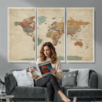 Vintage World Map Canvas Wall Art Print | Framed Modern World Map