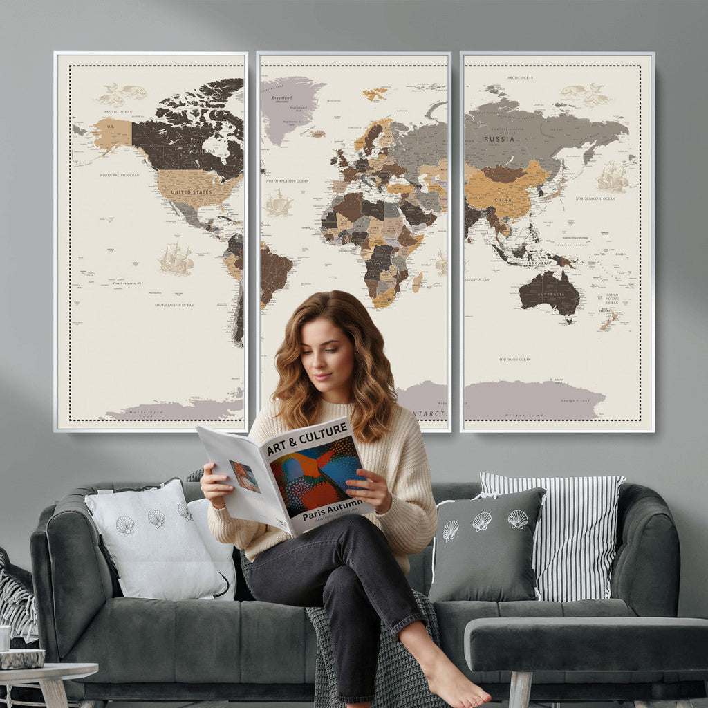 Custom Beige Modern Push Pin World Map Canvas Print, Places Visited Tracker, Bedroom and Study Decor