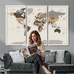 Custom Beige Modern Push Pin World Map Canvas Print, Places Visited Tracker, Bedroom and Study Decor