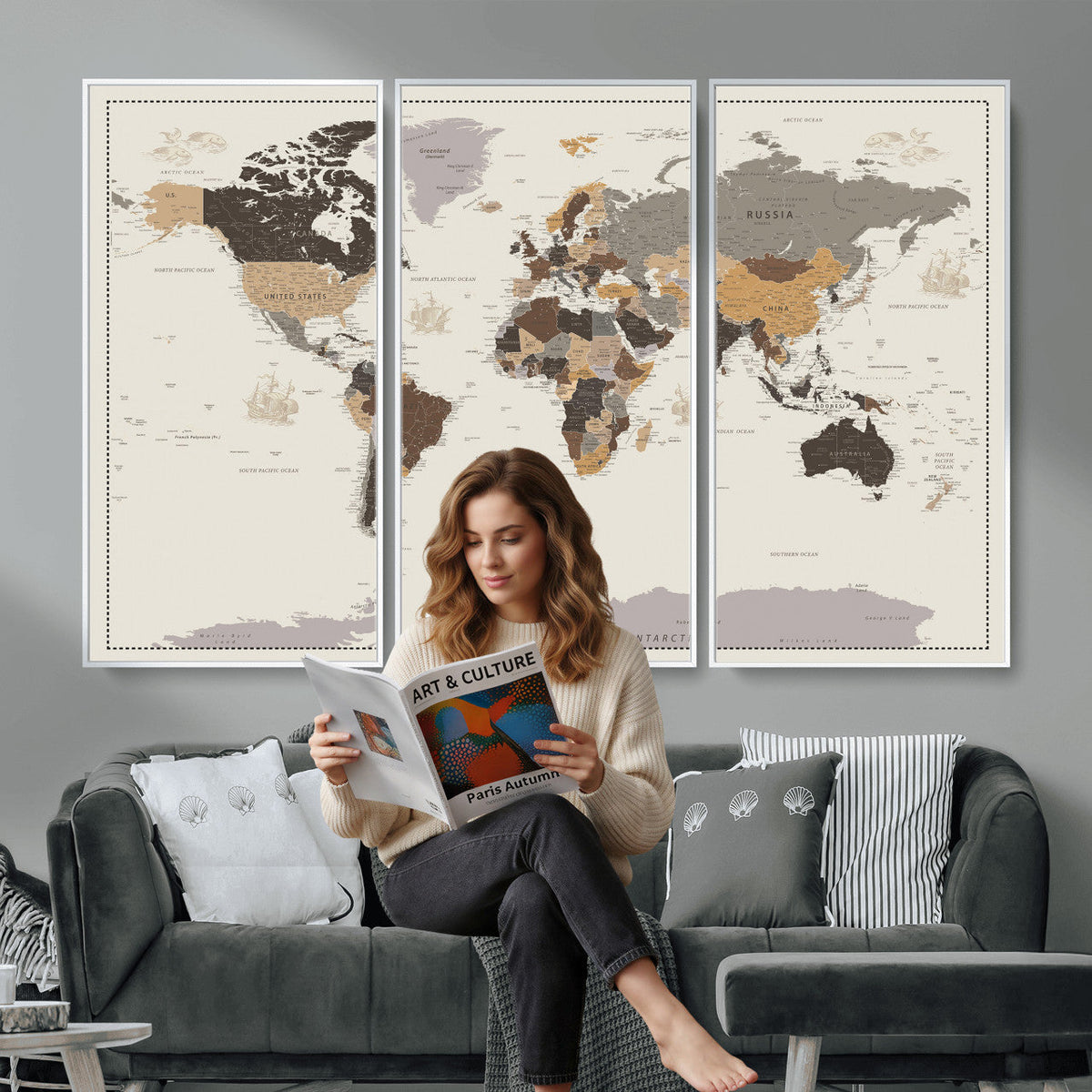 Custom Beige Modern Push Pin World Map Canvas Print, Places Visited Tracker, Bedroom and Study Decor