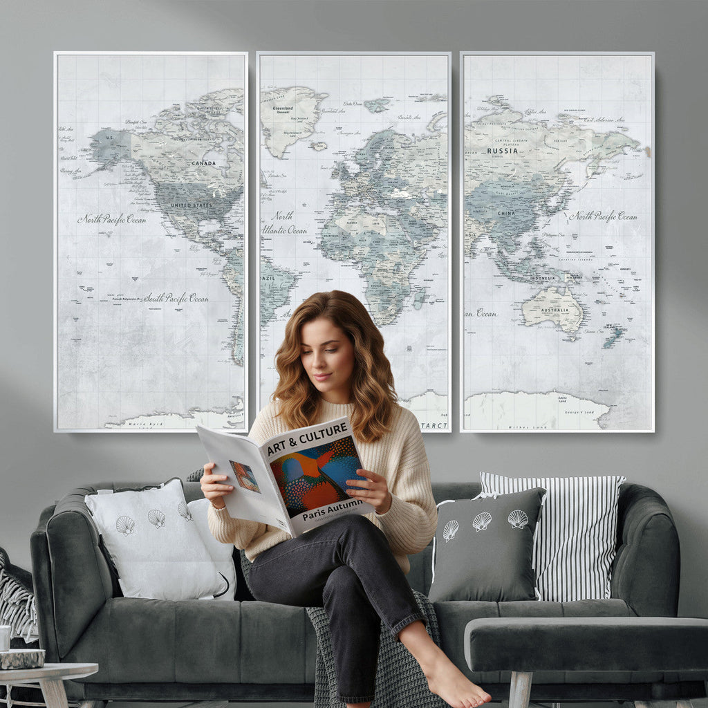Push Pin World Map Canvas Print - Detailed Vintage World Map