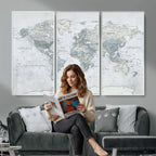 Push Pin World Map Canvas Print - Detailed Vintage World Map