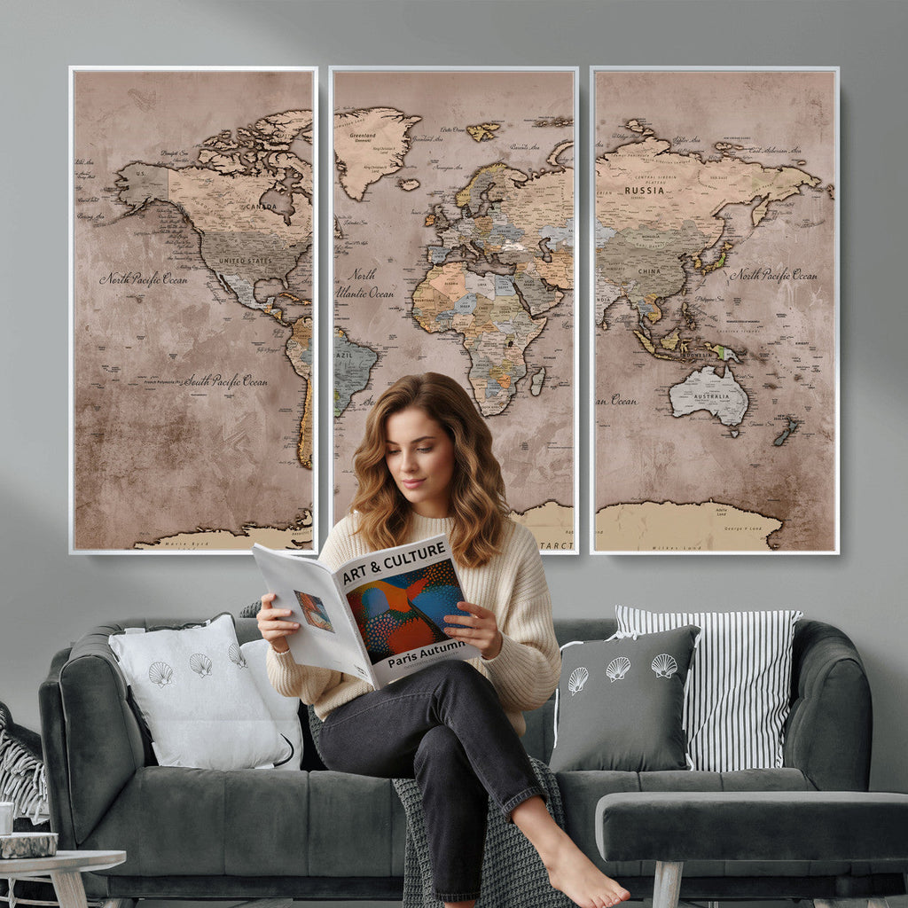 Grunge World Map Canvas Wall Art - Vintage Aged World Map with Golden Tones