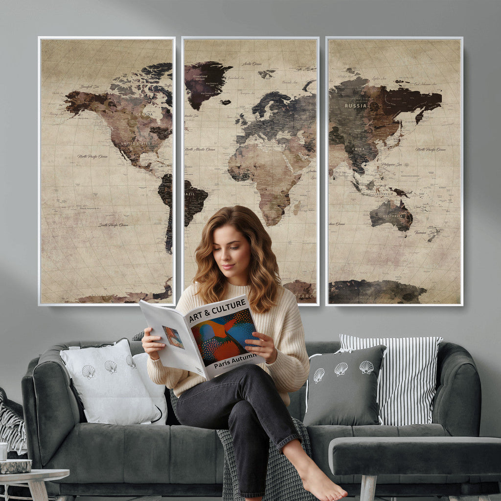 World Map Canvas Print, Detailed Map of the World, Adventure Gift for Couples and Anniversaries