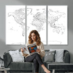 World Map Canvas Print, Framed Modern Detailed Map of the World for Home or Office