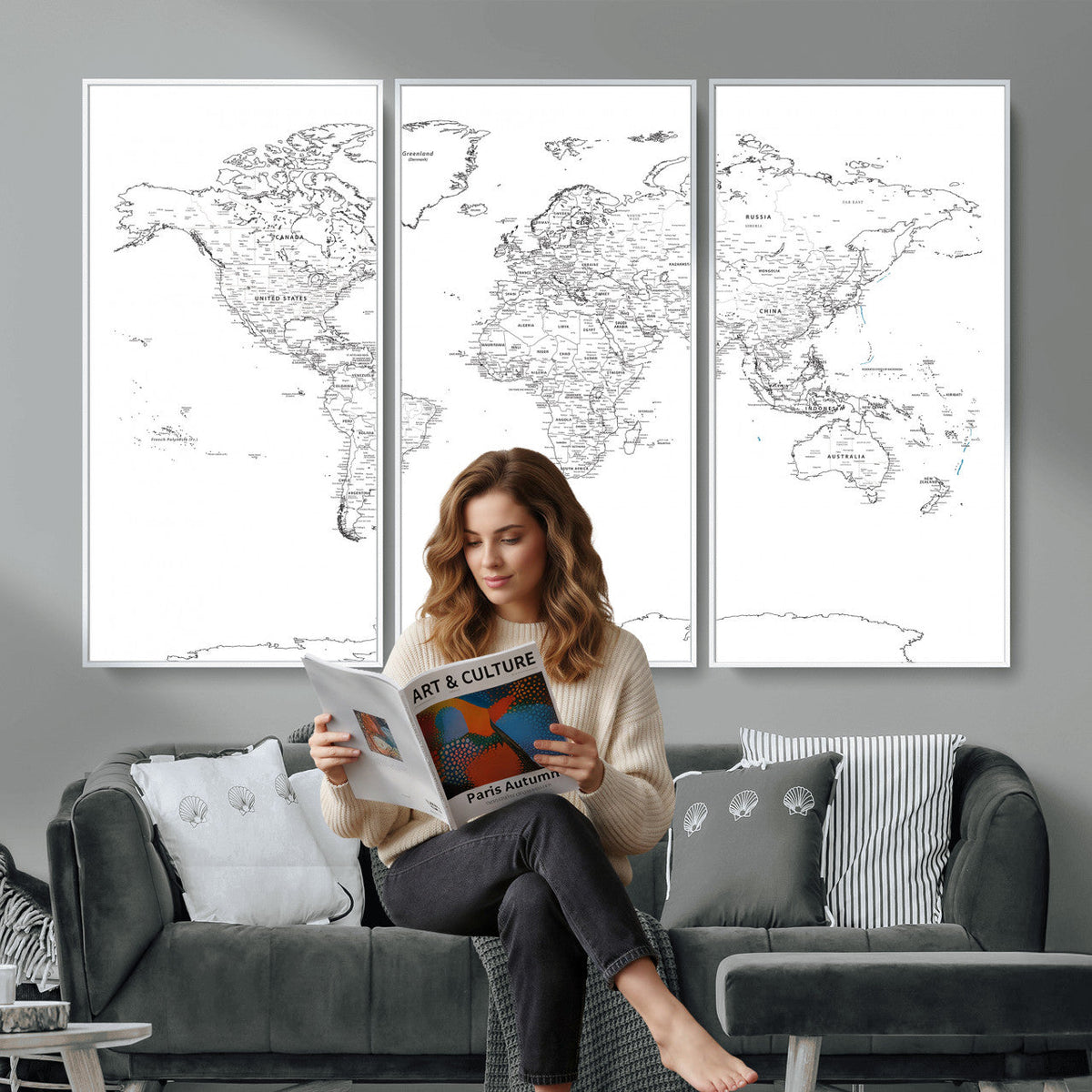 World Map Canvas Print, Framed Modern Detailed Map of the World for Home or Office