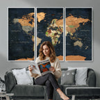 Vintage World Map Canvas Wall Art | Detailed Map with Countries, Oceans and Continents