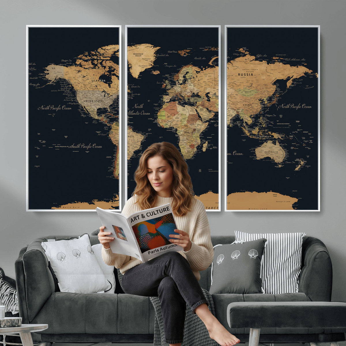 Vintage World Map Earth Globe Countries Oceans Continents