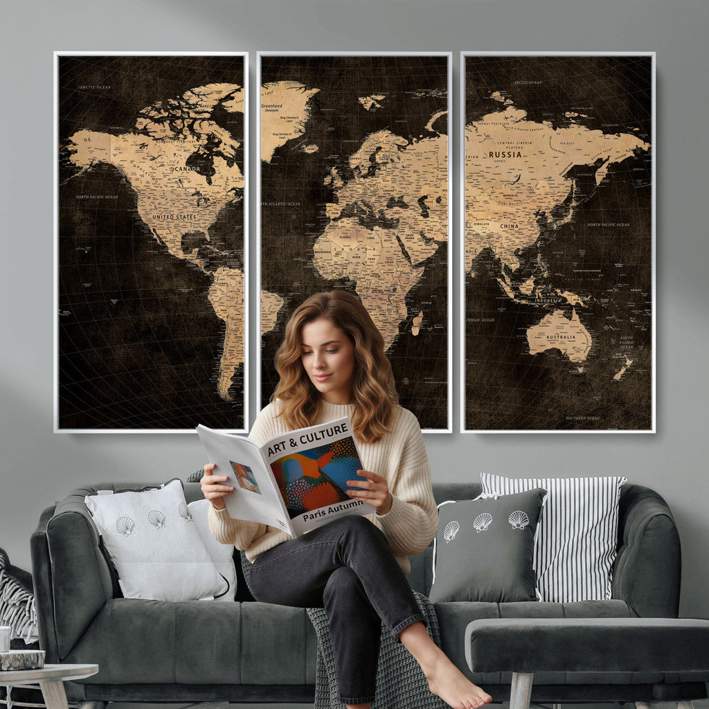 Brown World Map Canvas Print | Modern Travel Map Wall Art