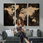 Brown World Map Canvas Print | Modern Travel Map Wall Art