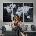 Black World Map Canvas Print | Detailed Map for Couples and Anniversary Gift