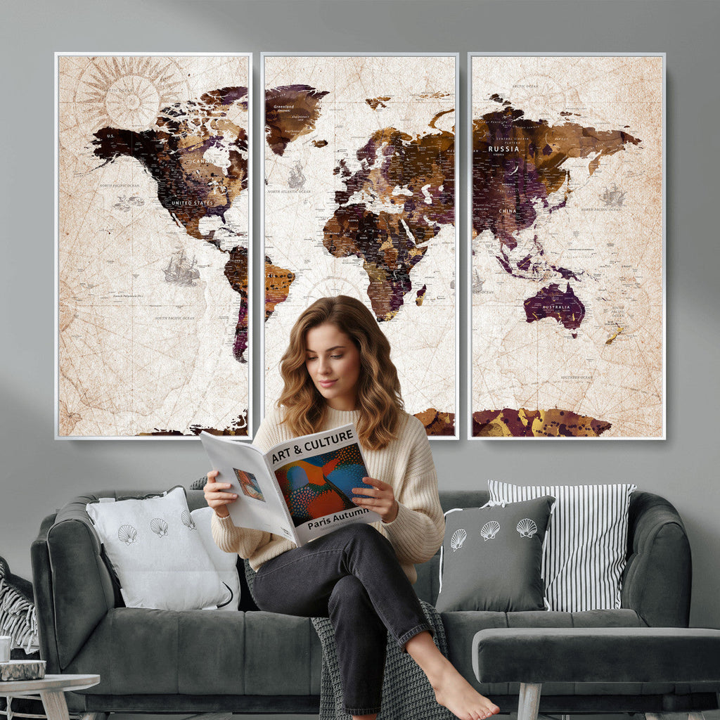 Blue Watercolor World Map Canvas Print | Framed Modern Wall Art