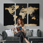 Beige World Map Canvas Wall Art Print, Minimal Black and Beige Map